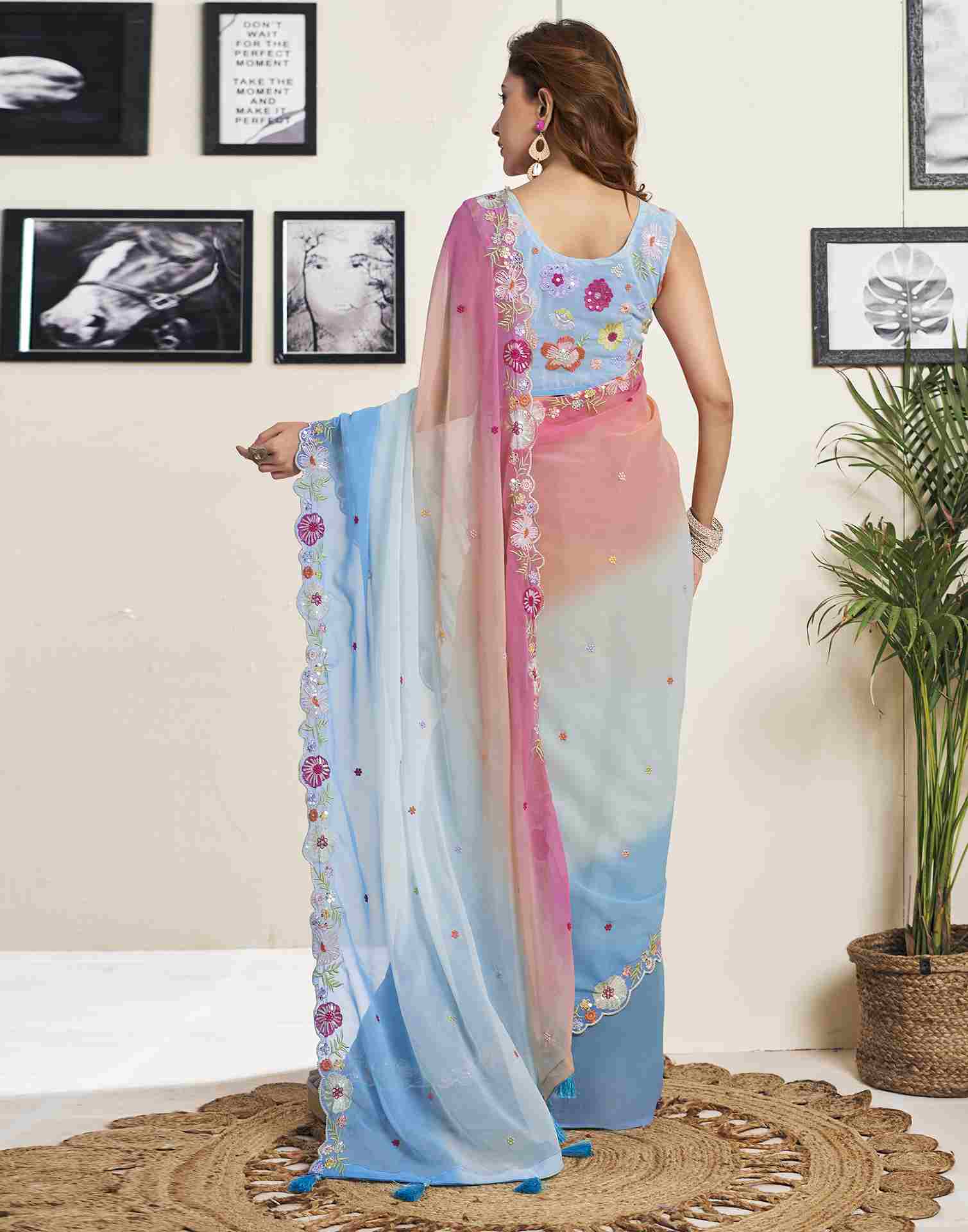 Blue Georgette Plain Embroidery Saree