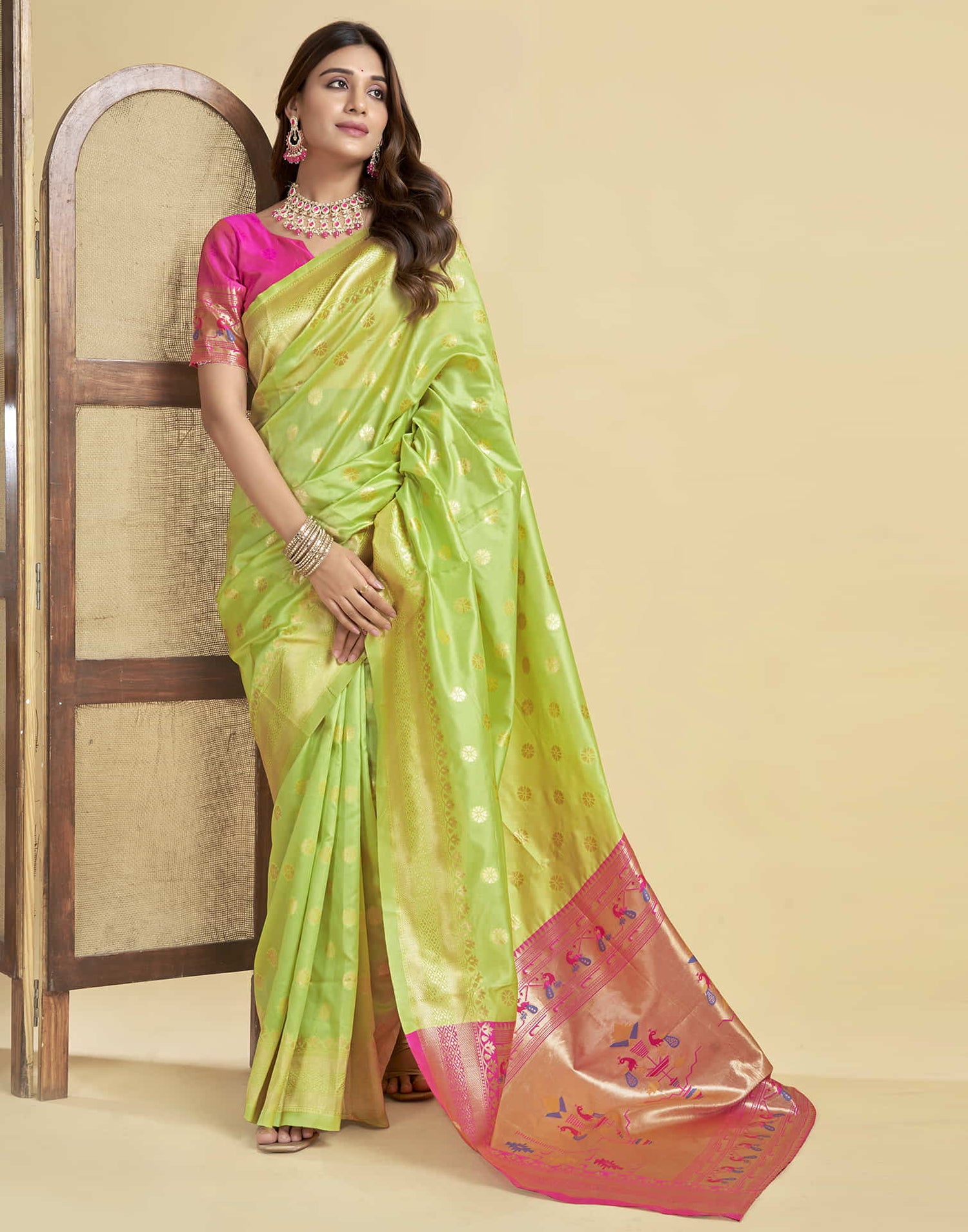 Limegreen Silk Woven Paithani Saree