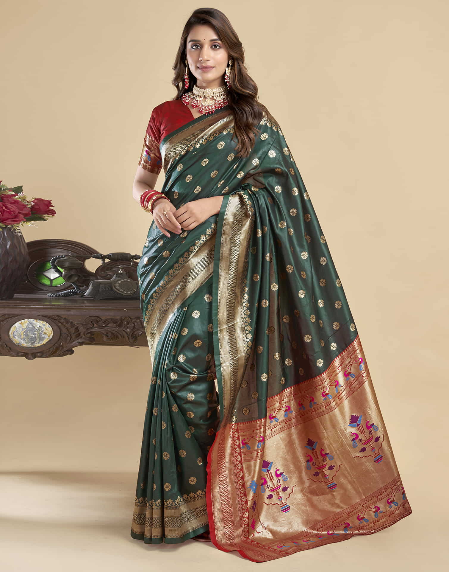 Dark Green Silk Woven Paithani Saree