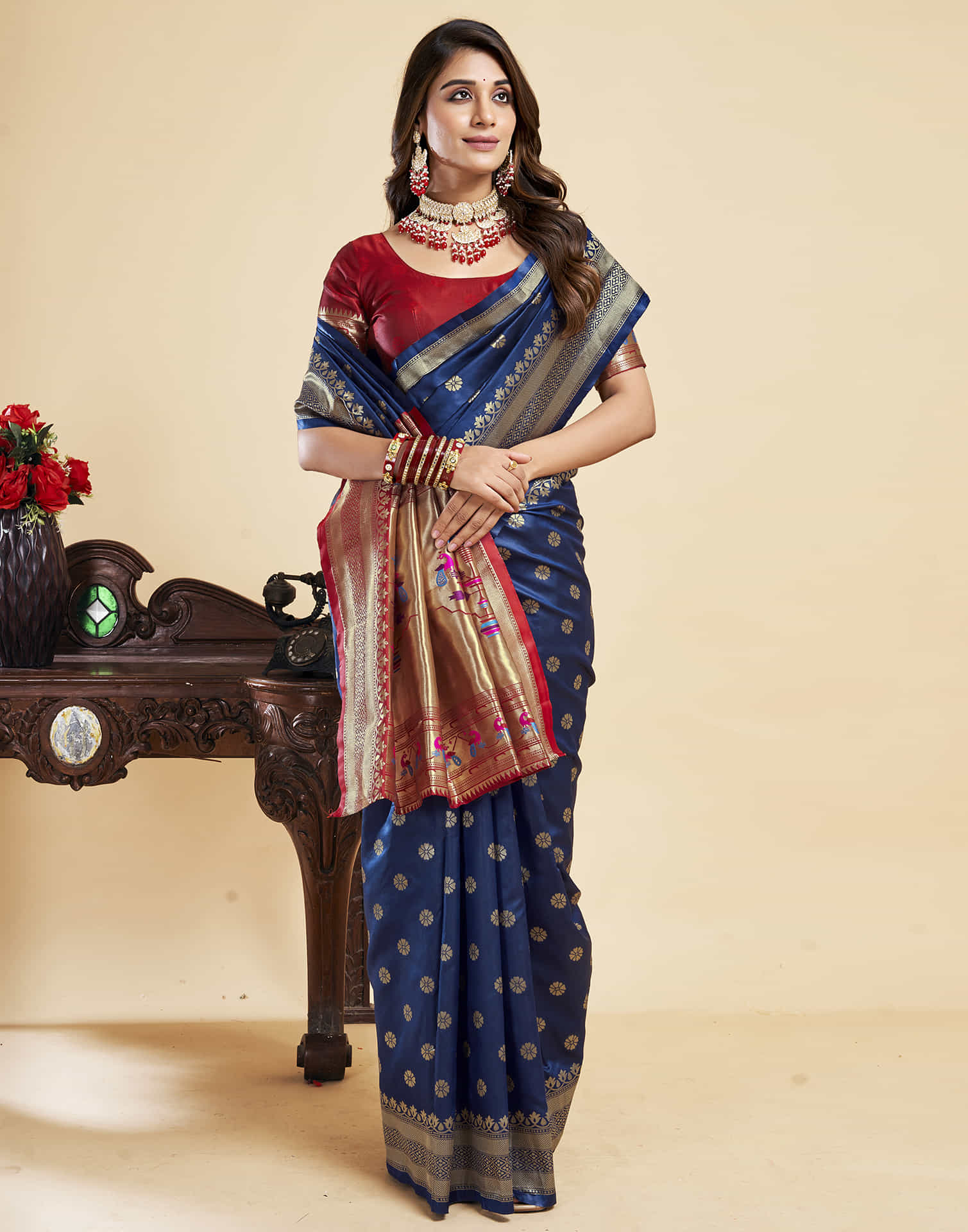 Navy Blue Silk Woven Paithani Saree