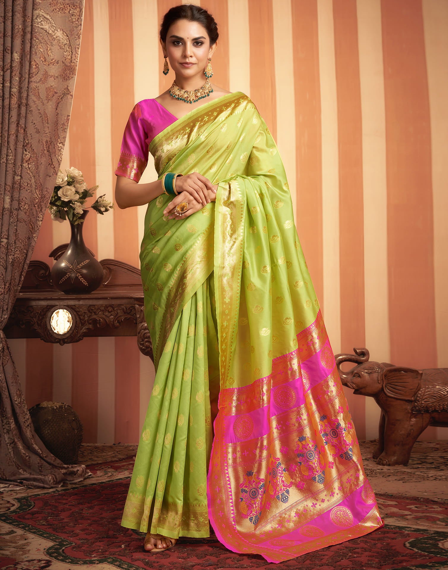 Lime Green Silk Woven Paithani Saree