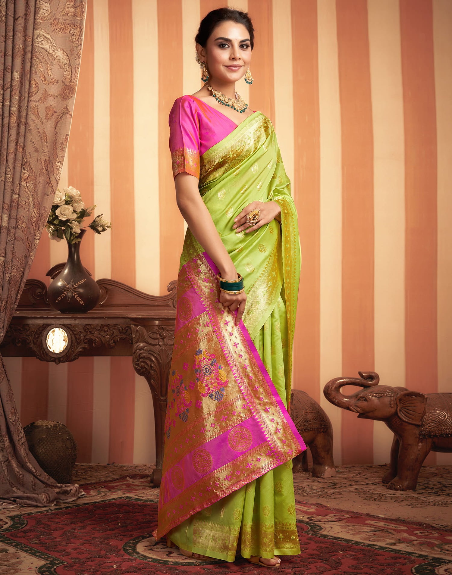 Lime Green Silk Woven Paithani Saree