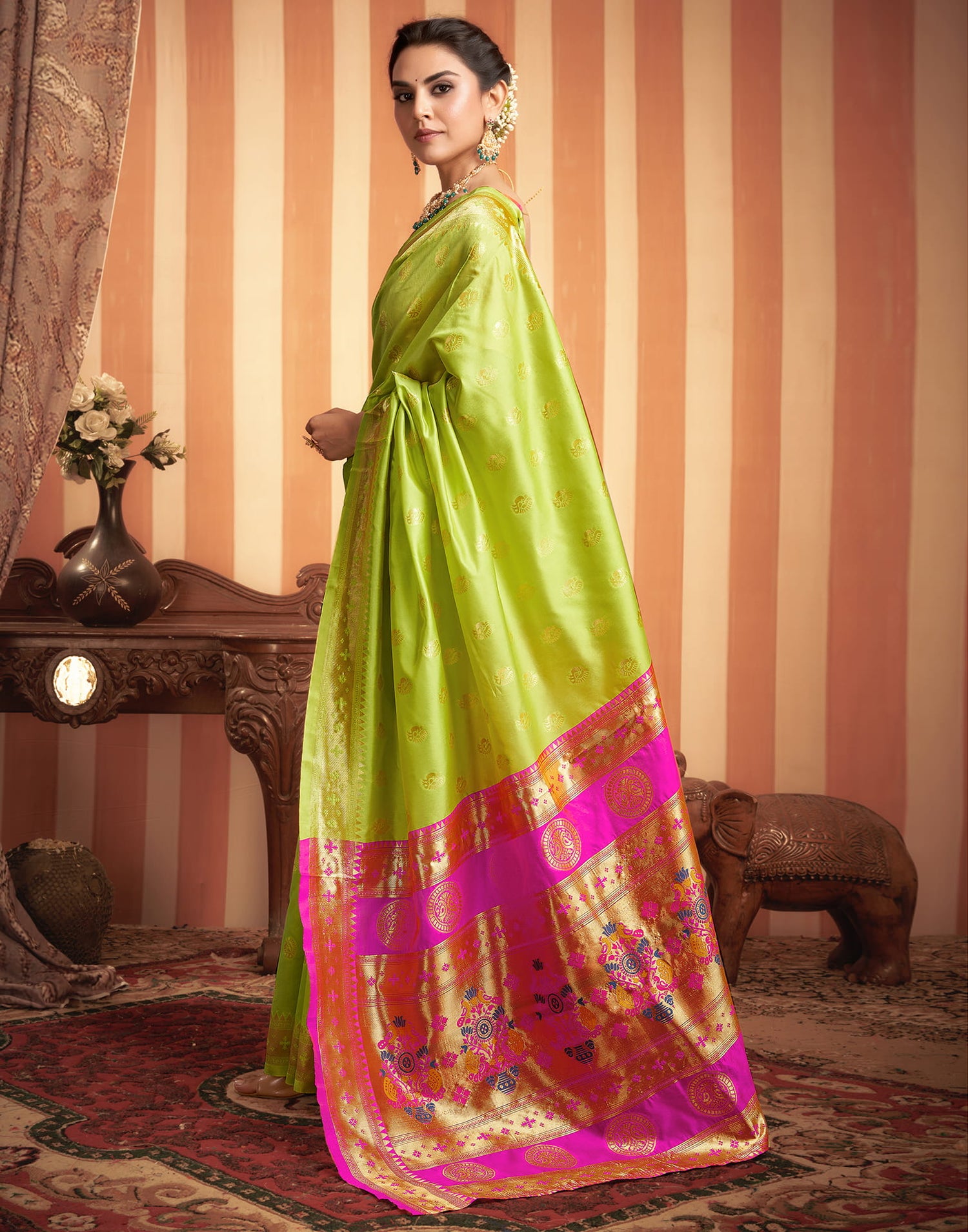 Lime Green Silk Woven Paithani Saree