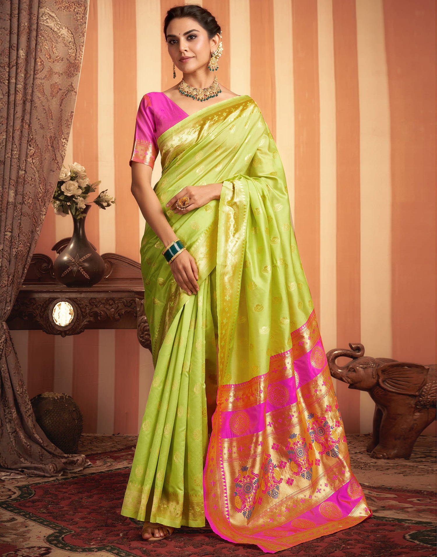 Lime Green Silk Woven Paithani Saree