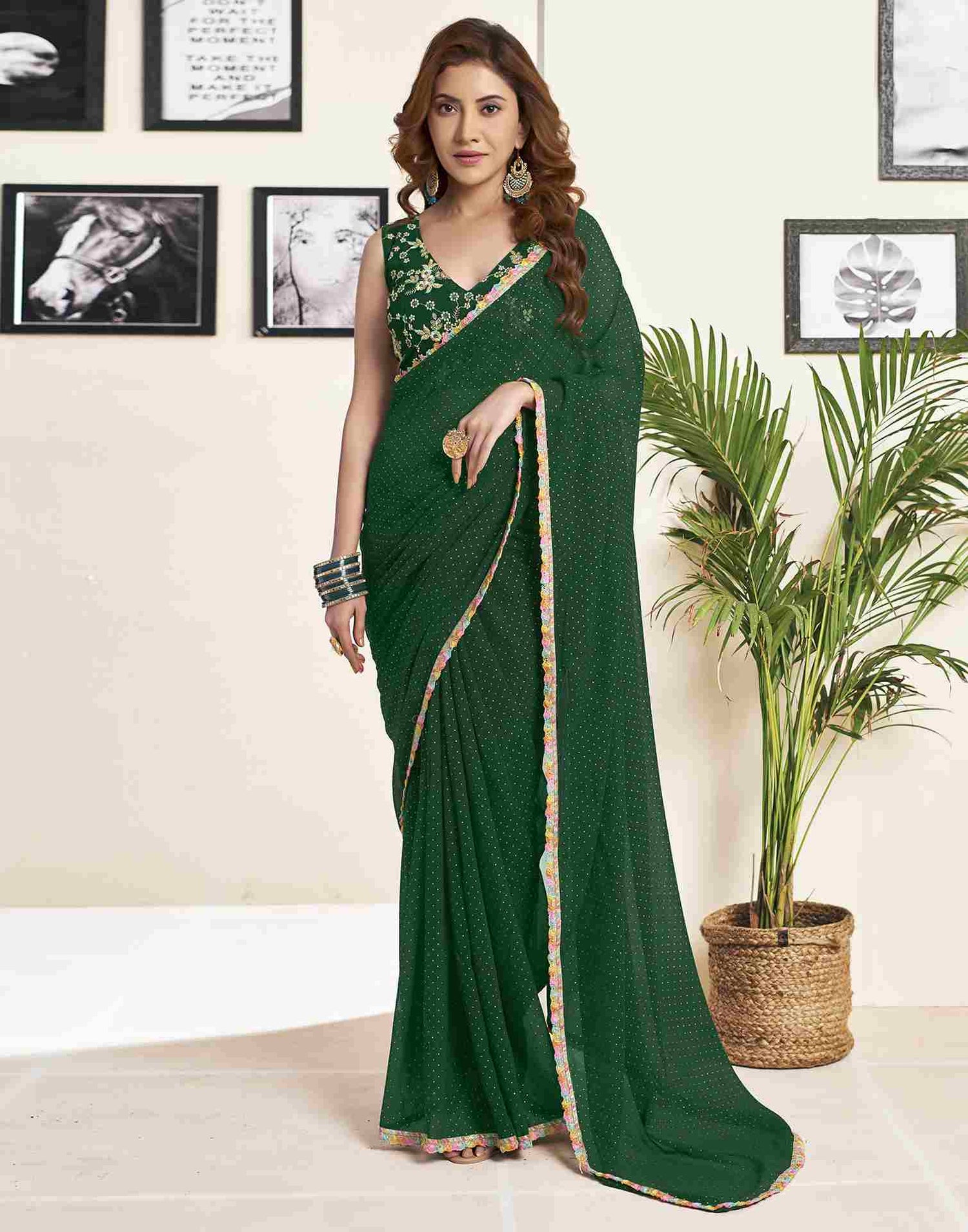 Dark Green Georgette Plain Printed Saree