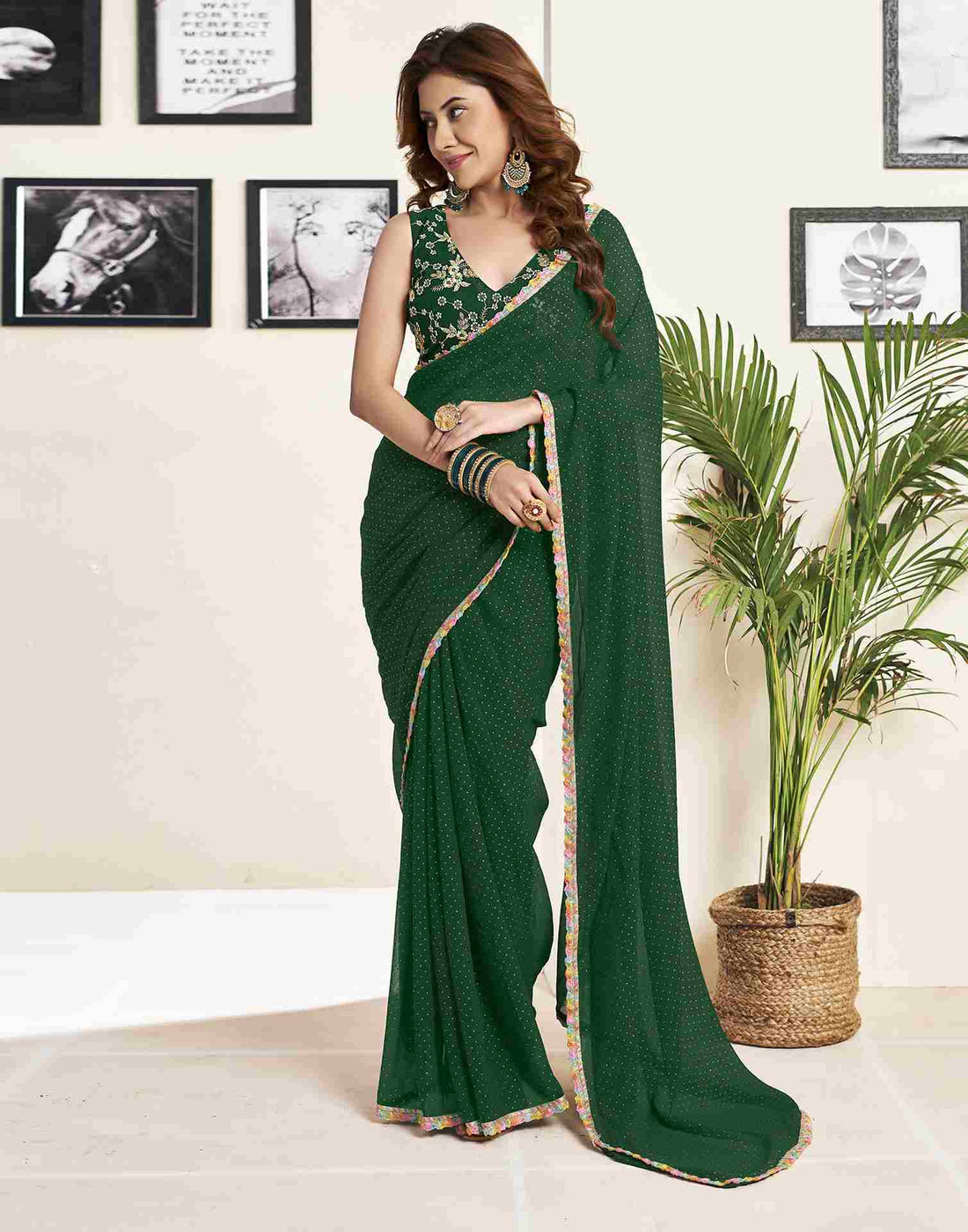 Dark Green Georgette Plain Printed Saree