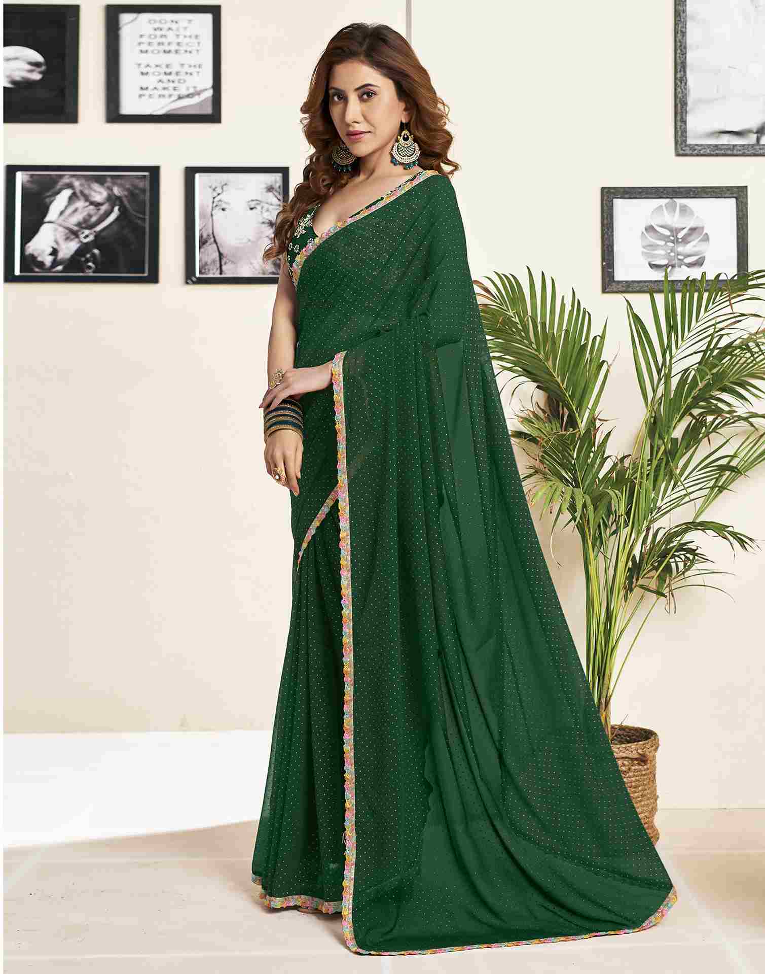 Dark Green Georgette Plain Printed Saree