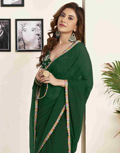 Dark Green Georgette Plain Printed Saree