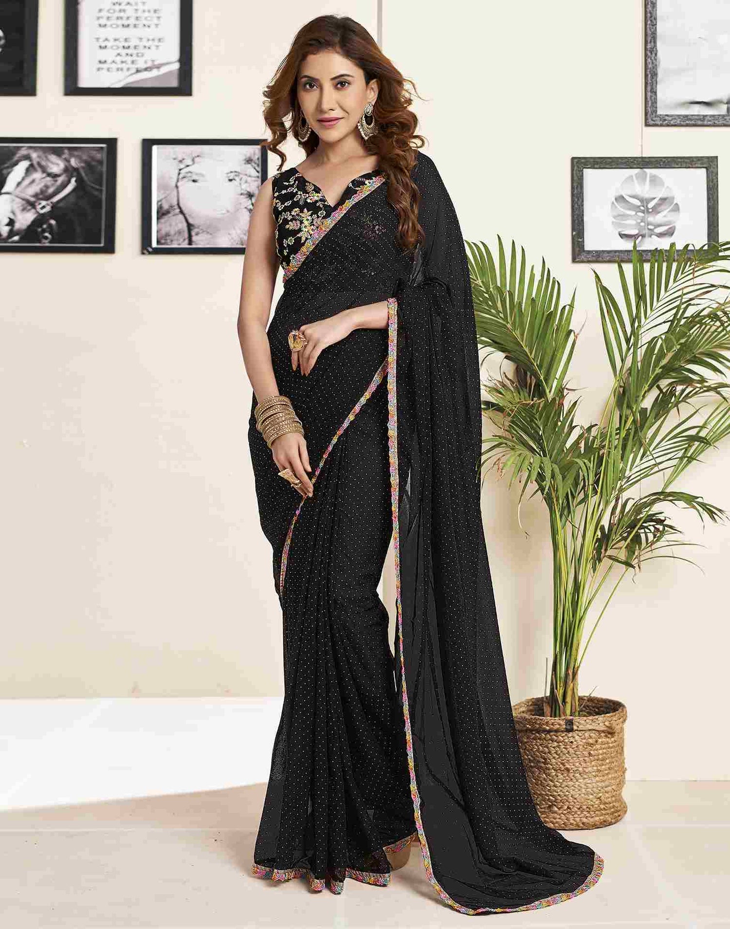 Black Georgette Plain Printed Saree