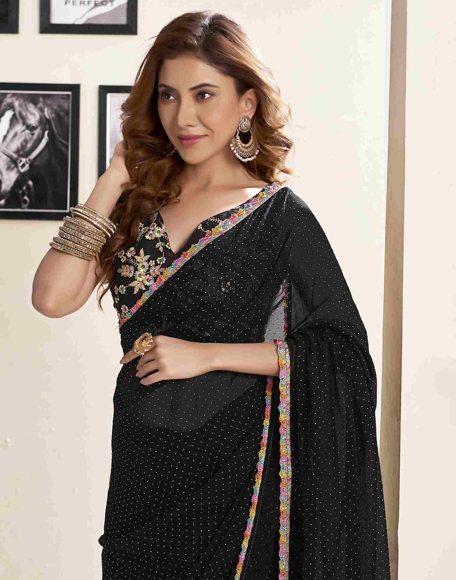 Black Georgette Plain Printed Saree