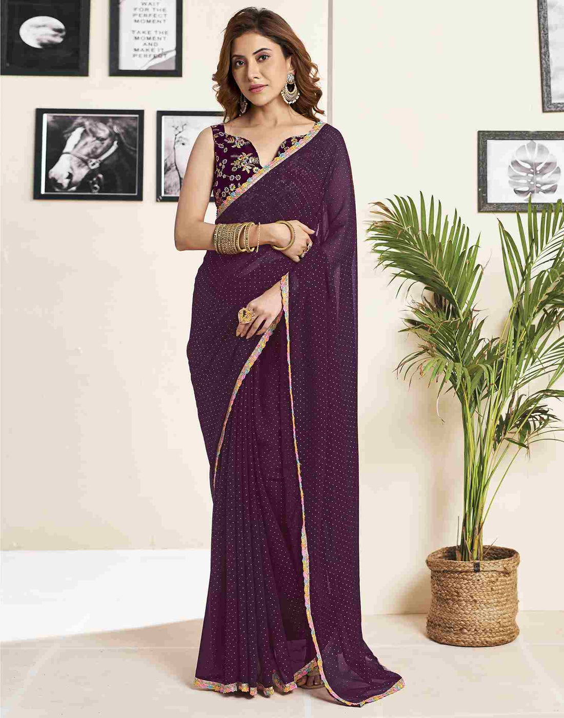 Wine Georgette Plain Printed Saree