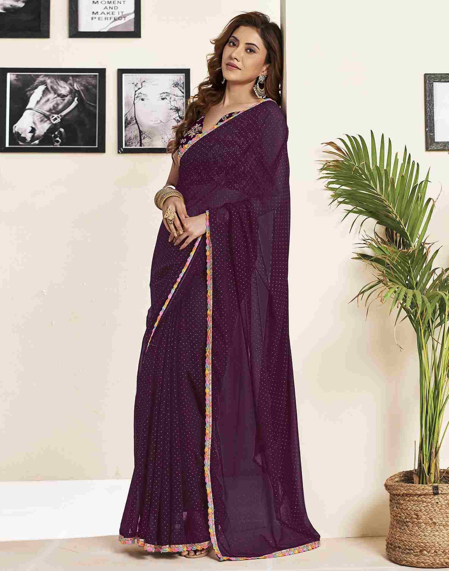 Wine Georgette Plain Printed Saree