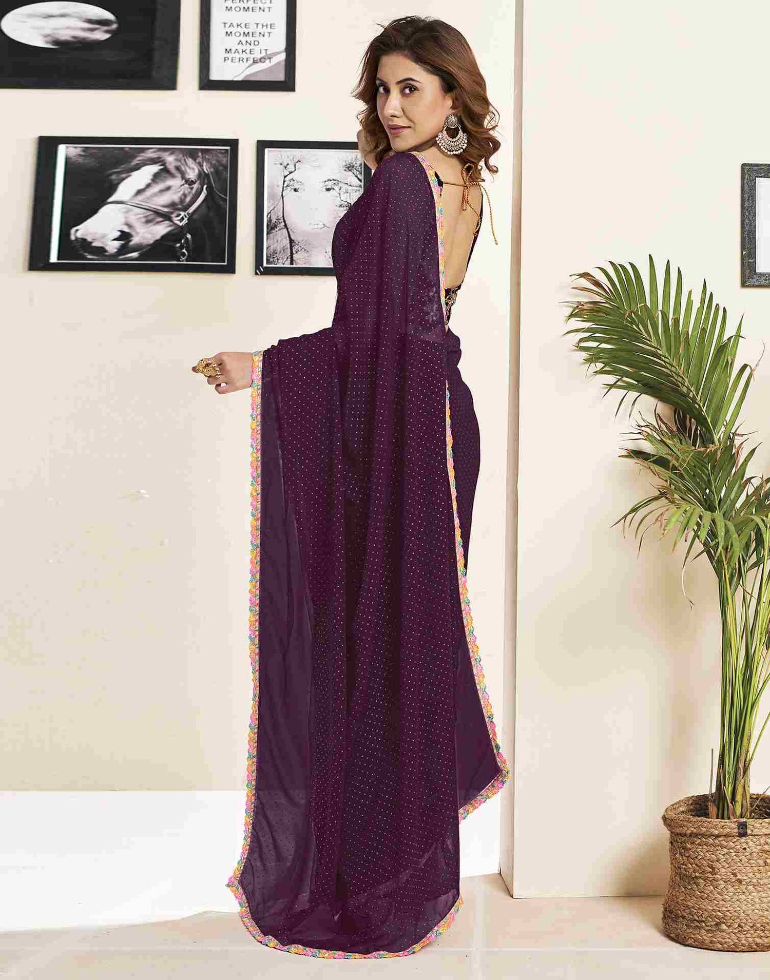 Wine Georgette Plain Printed Saree