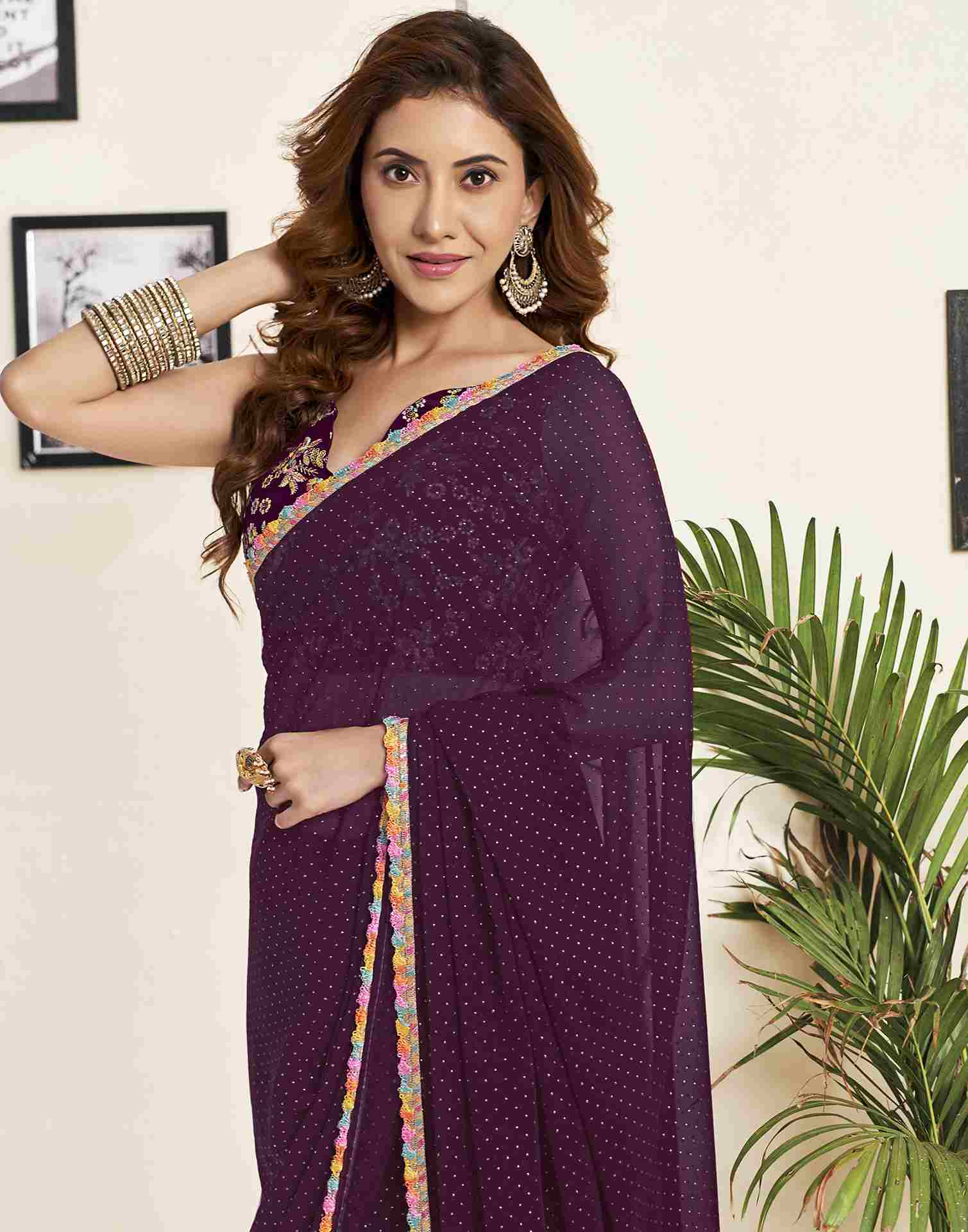 Wine Georgette Plain Printed Saree