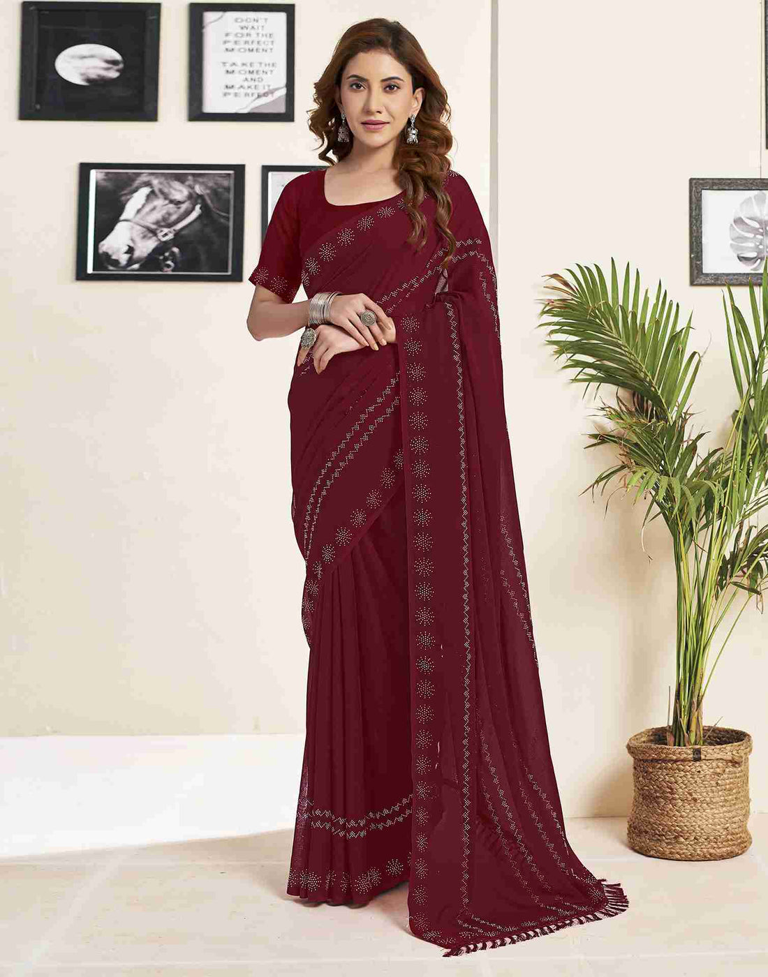 Maroon Georgette Plain Printed Saree