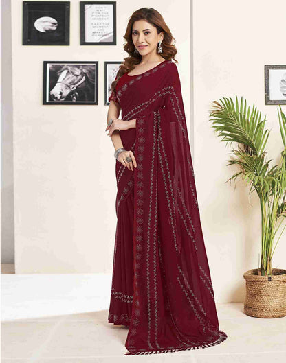 Maroon Georgette Plain Printed Saree