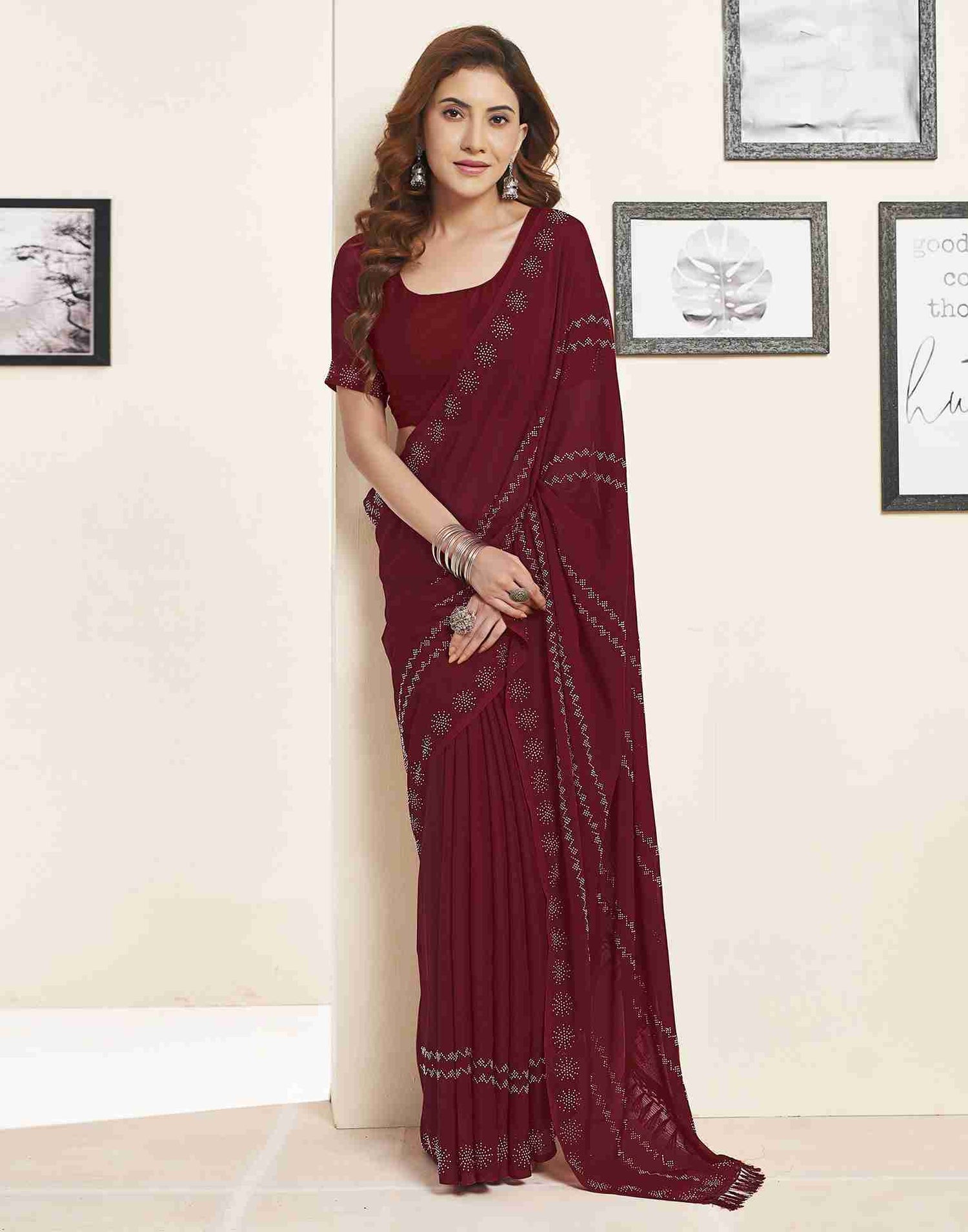 Maroon Georgette Plain Printed Saree