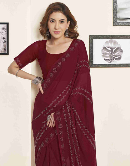 Maroon Georgette Plain Printed Saree