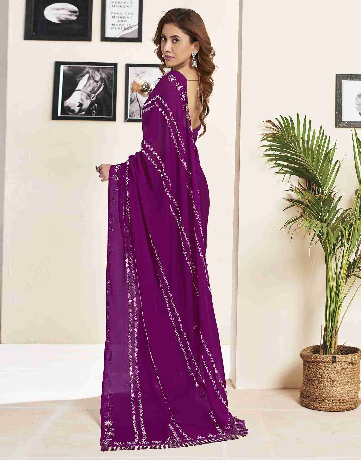 Dark Magenta Georgette Plain Printed Saree