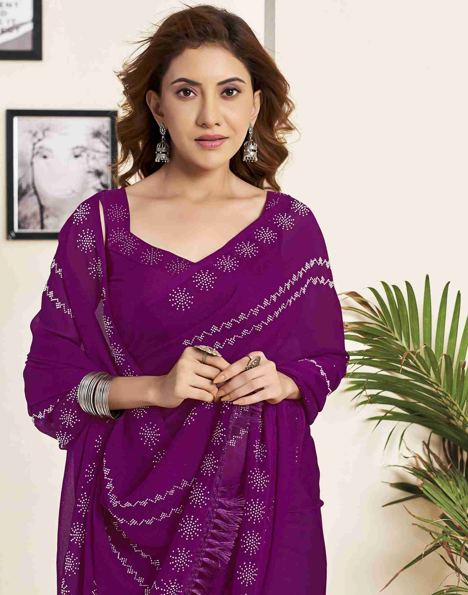 Dark Magenta Georgette Plain Printed Saree