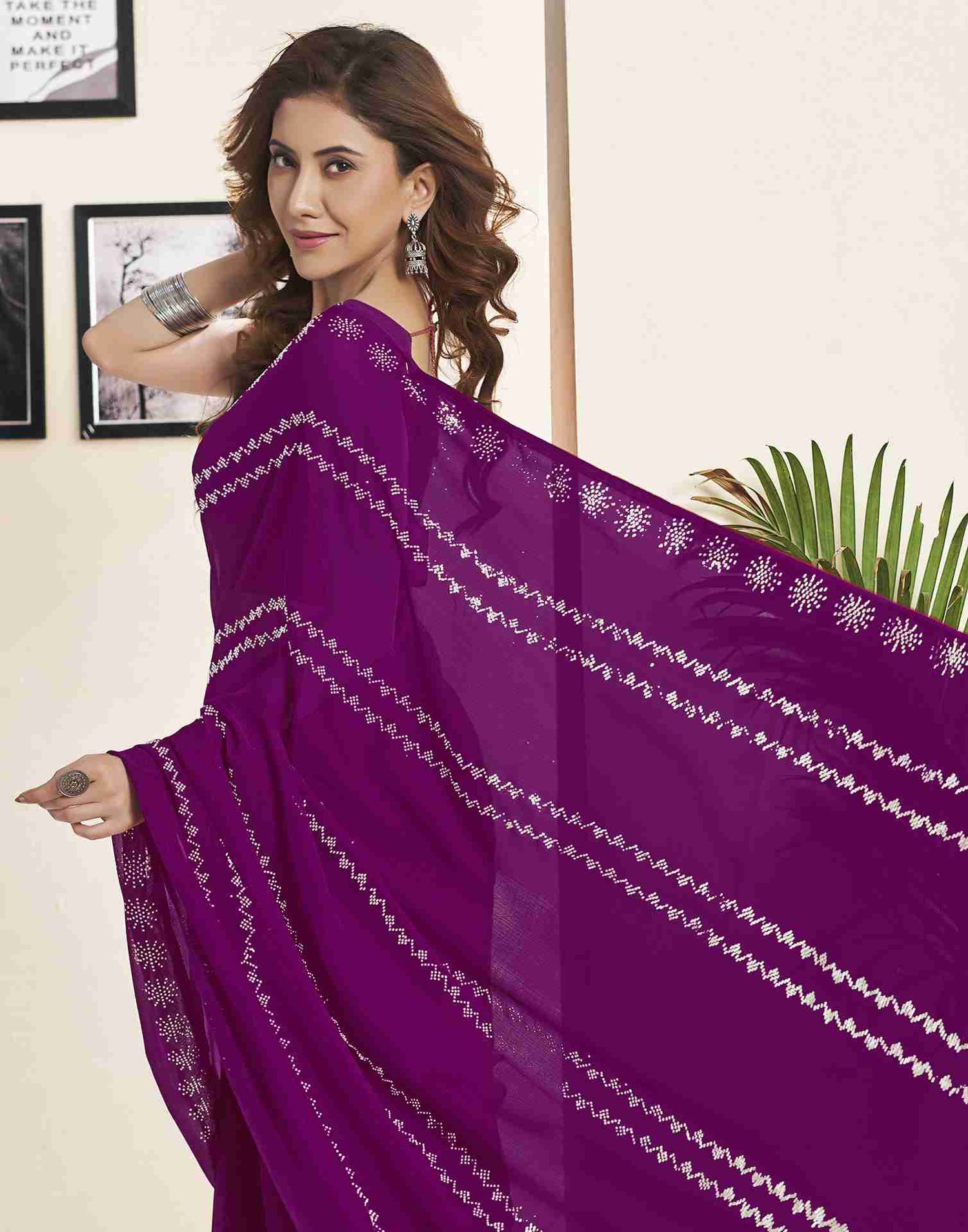 Dark Magenta Georgette Plain Printed Saree