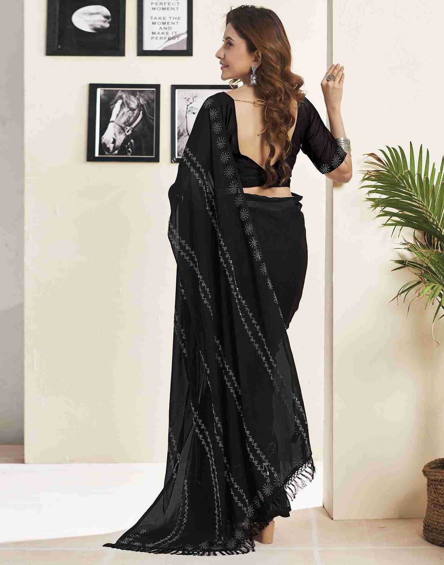 Black Georgette Plain Printed Saree