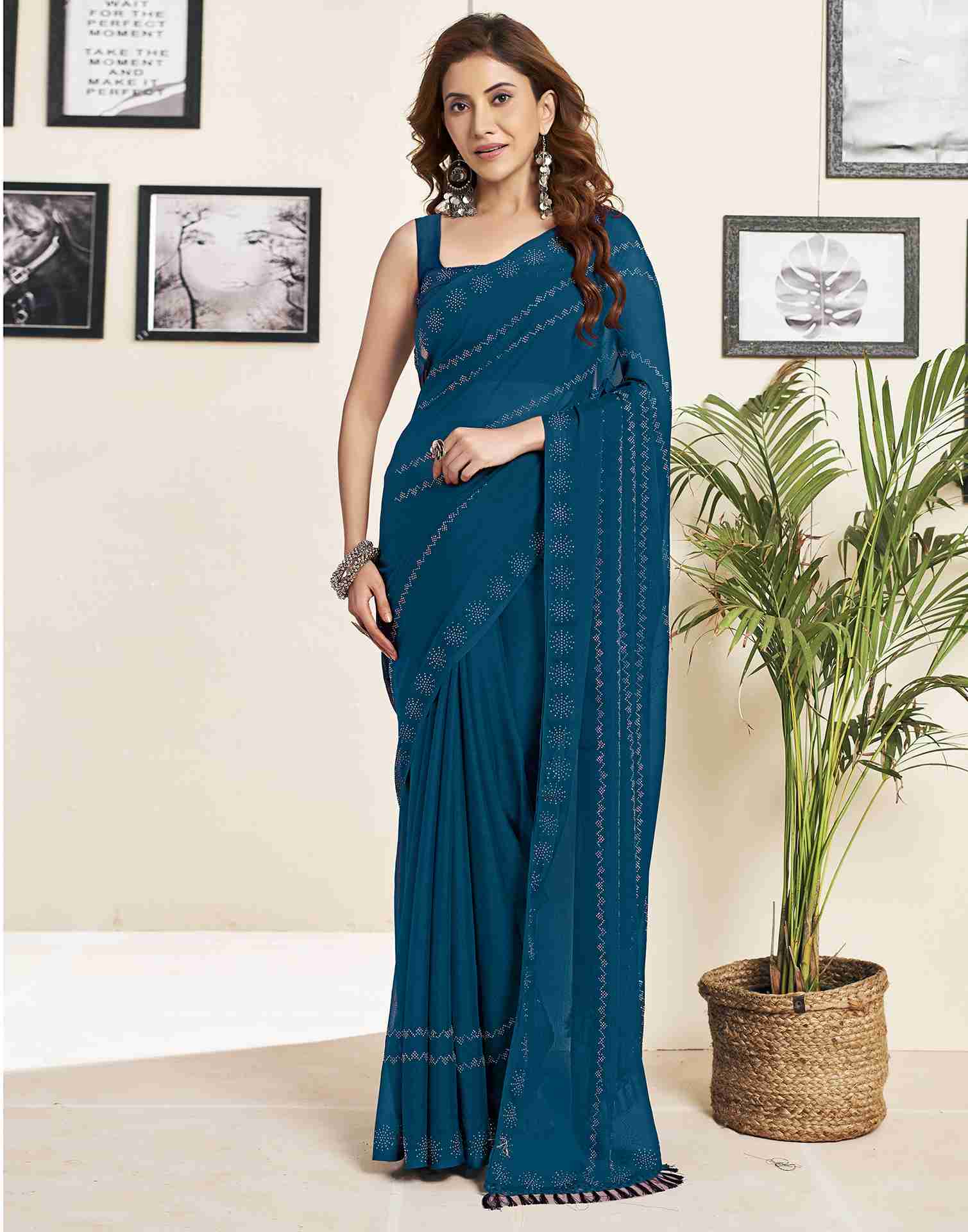 Rama Blue Georgette Plain Printed Saree