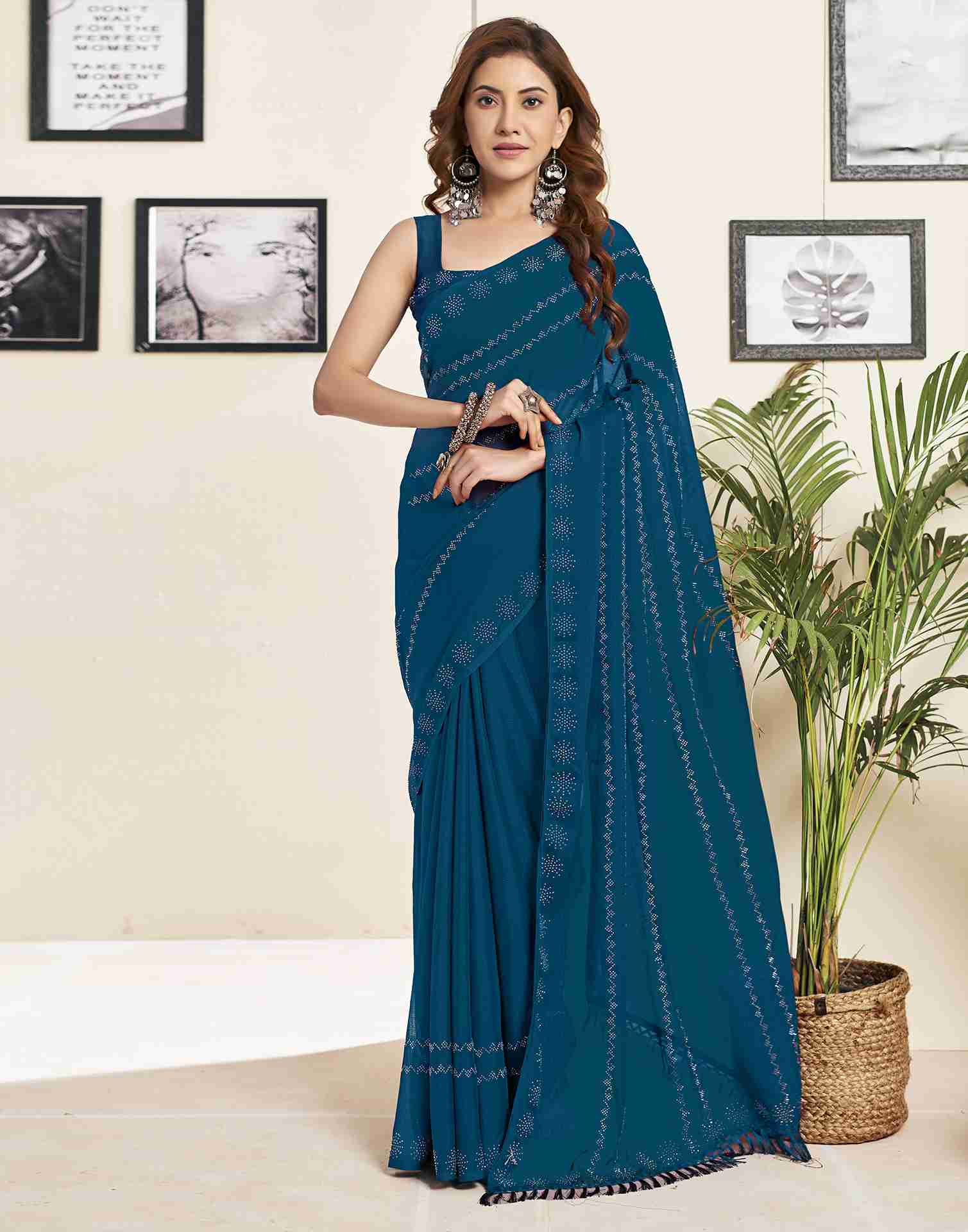 Rama Blue Georgette Plain Printed Saree