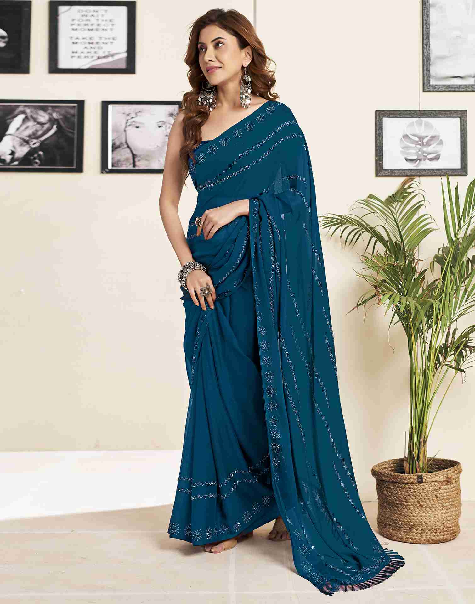 Rama Blue Georgette Plain Printed Saree