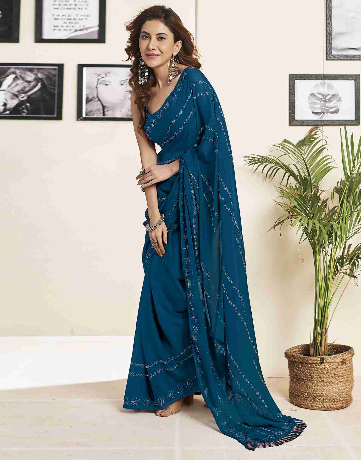 Rama Blue Georgette Plain Printed Saree