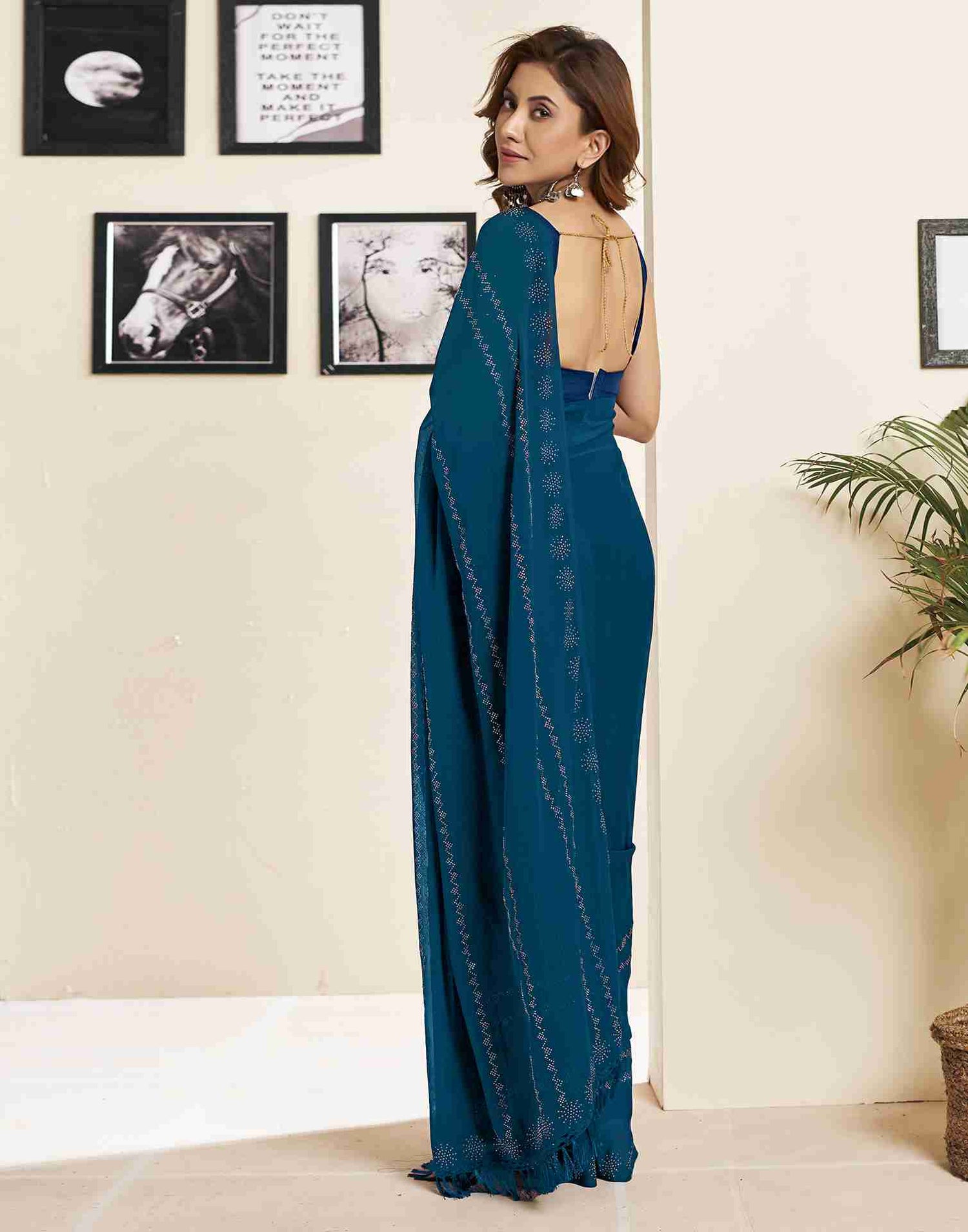 Rama Blue Georgette Plain Printed Saree