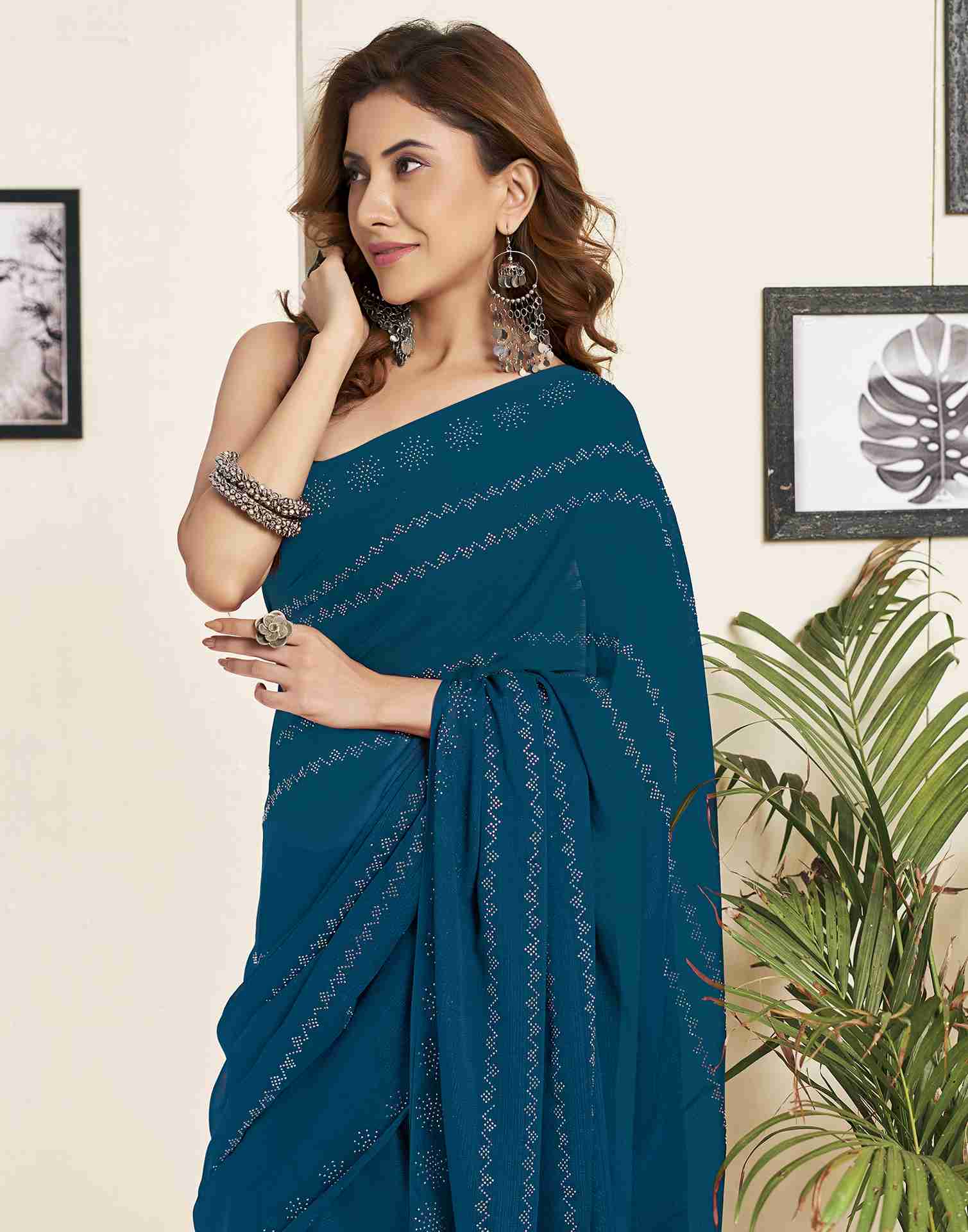 Rama Blue Georgette Plain Printed Saree