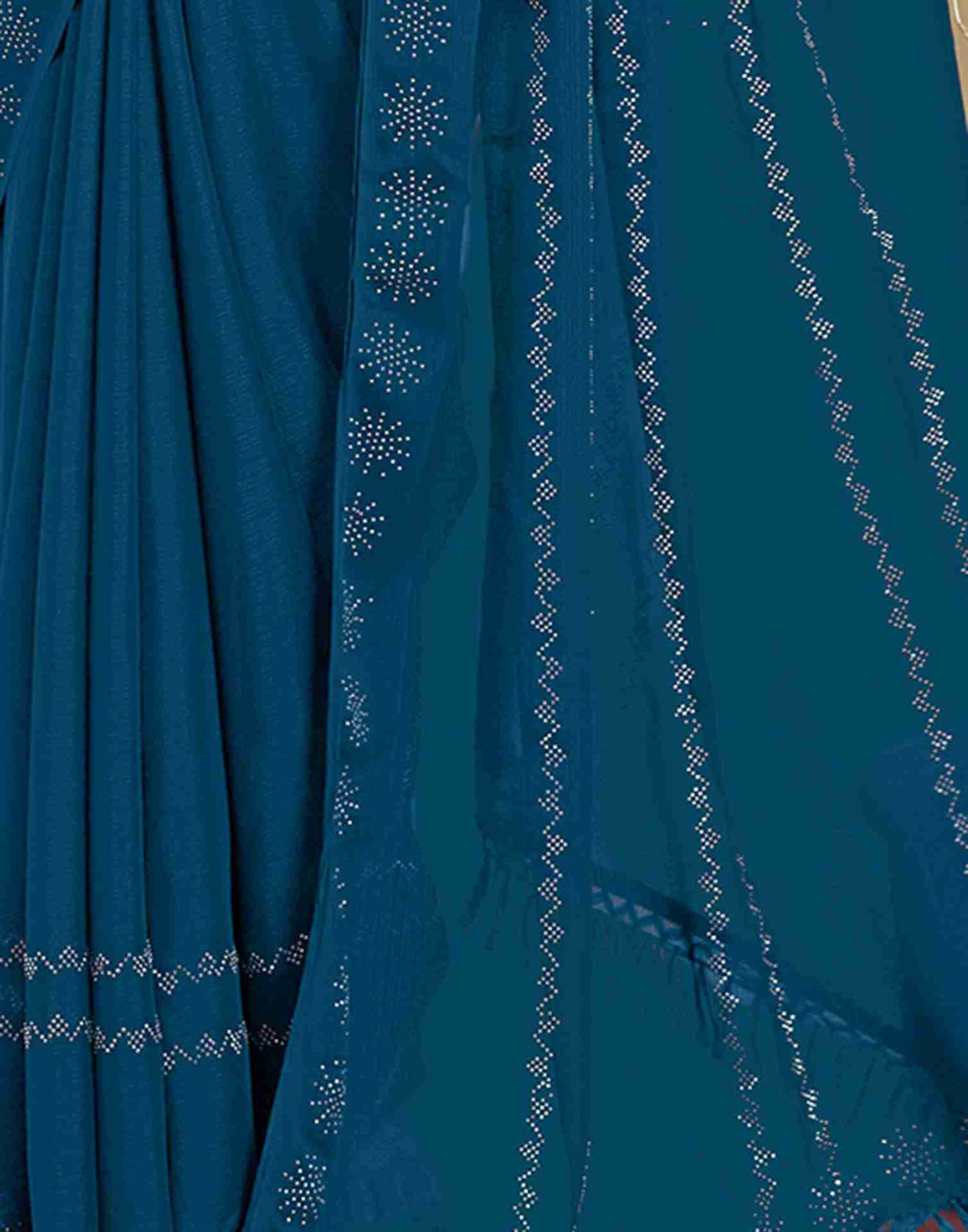 Rama Blue Georgette Plain Printed Saree