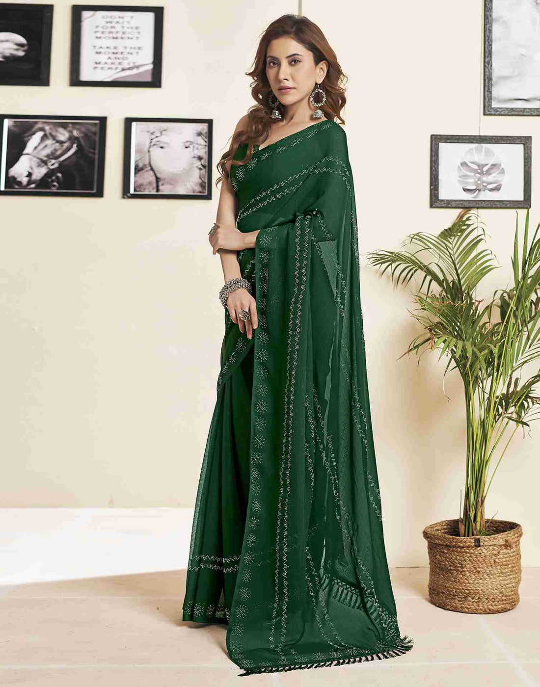 Dark Green Georgette Plain Printed Saree