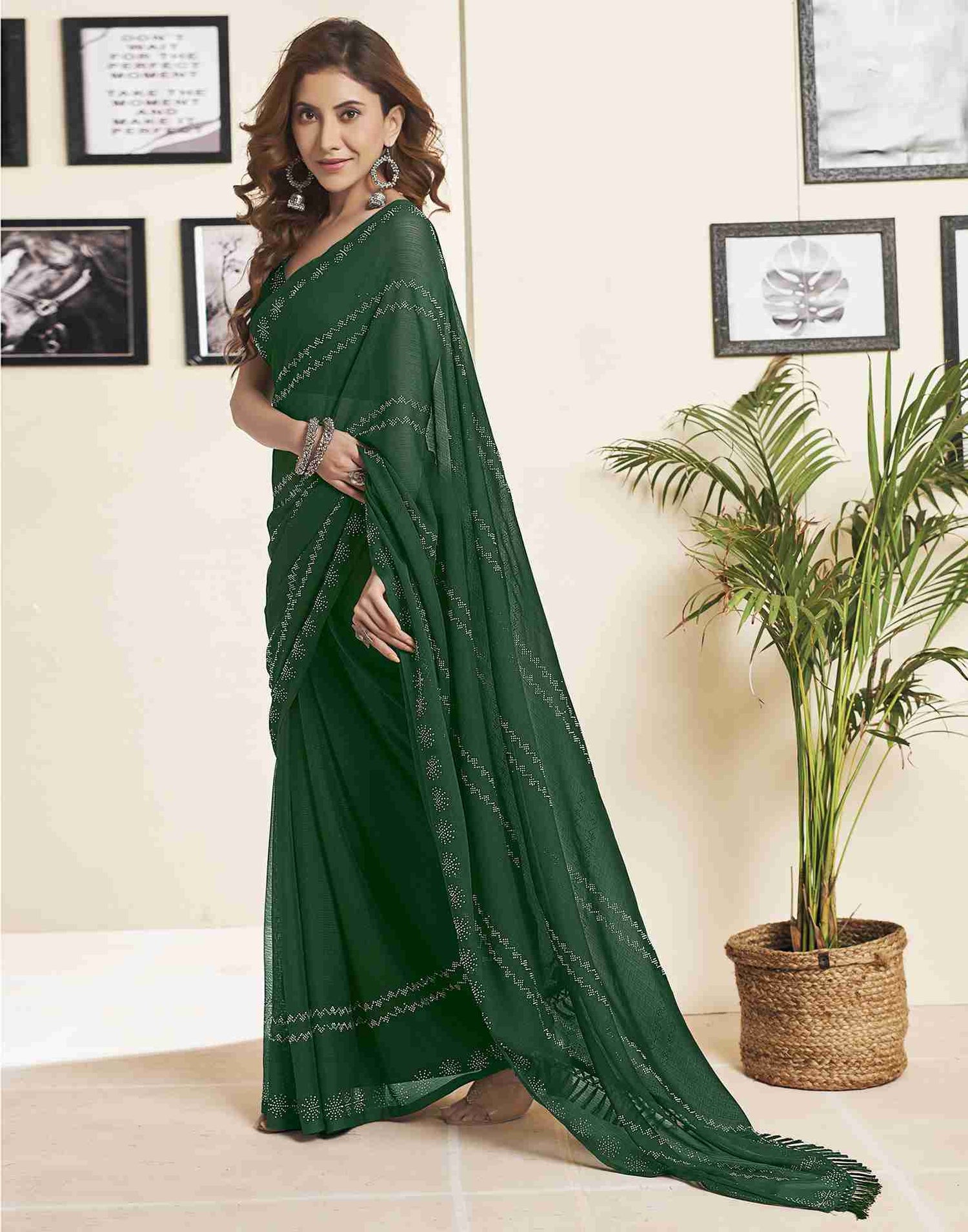 Dark Green Georgette Plain Printed Saree