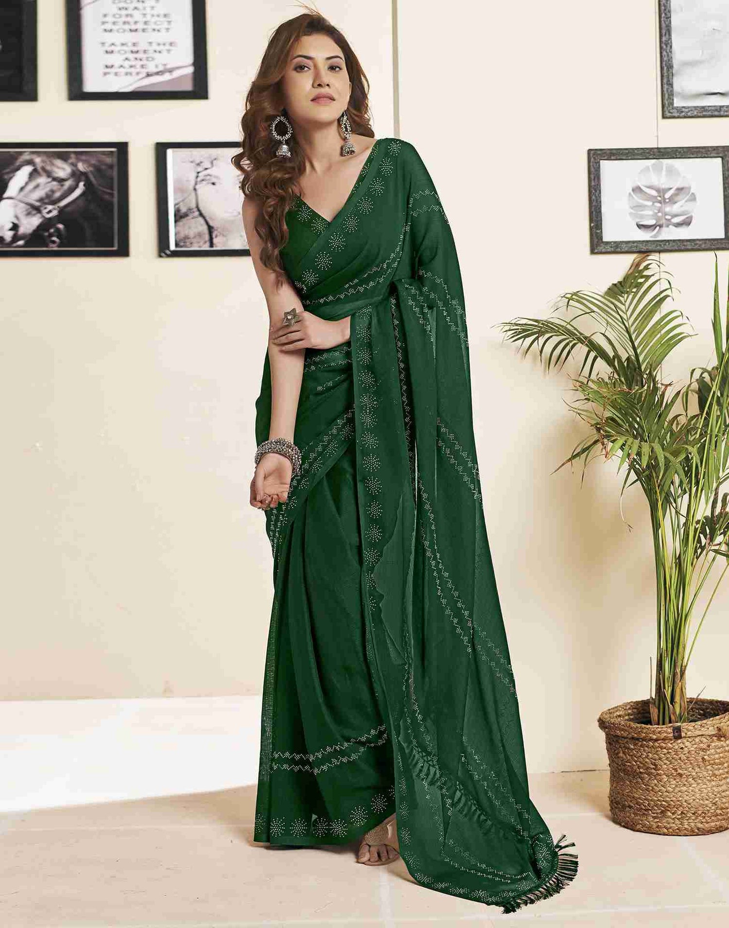 Dark Green Georgette Plain Printed Saree