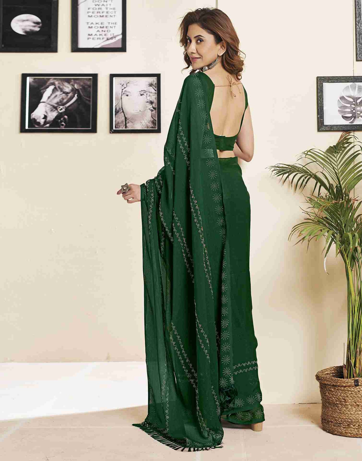 Dark Green Georgette Plain Printed Saree