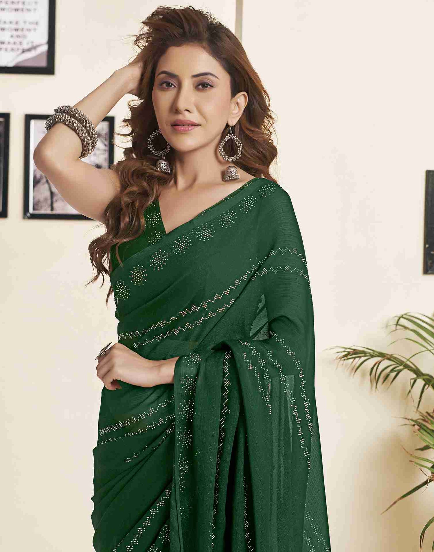 Dark Green Georgette Plain Printed Saree