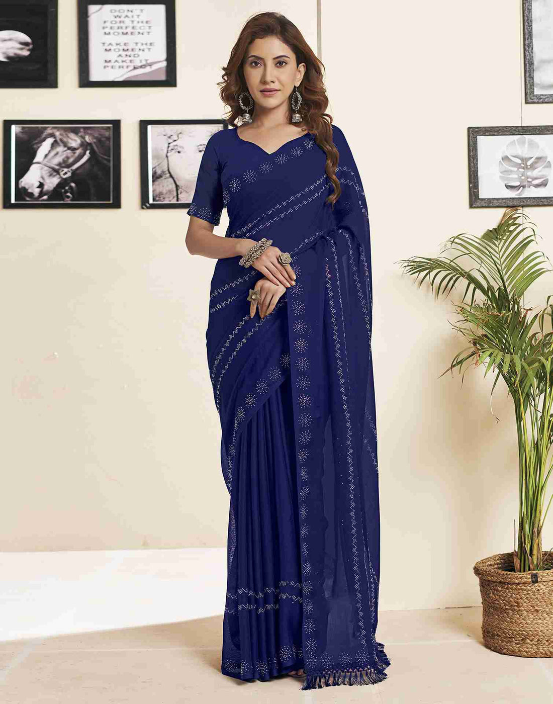 Dark Blue Georgette Plain Printed Saree