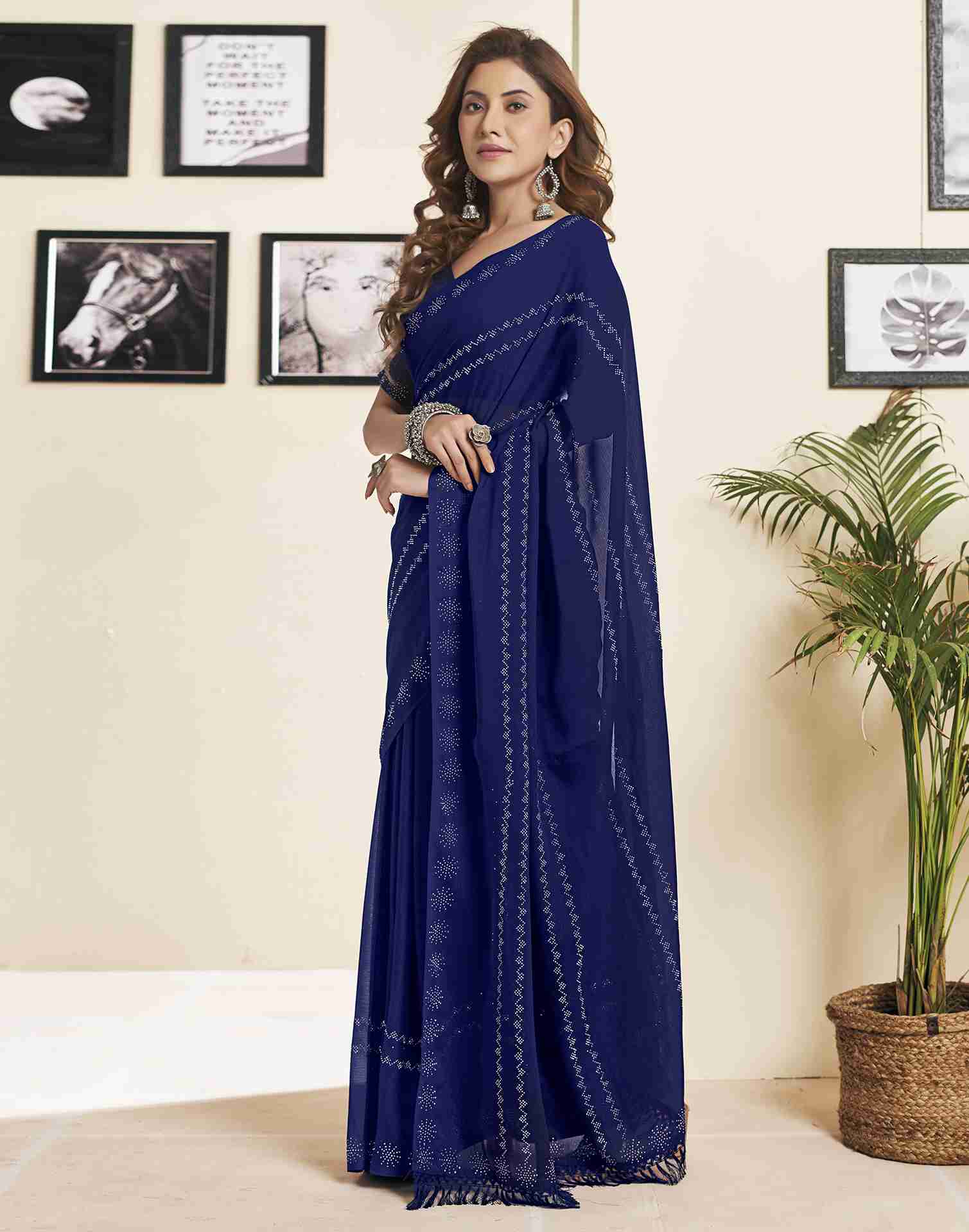 Dark Blue Georgette Plain Printed Saree