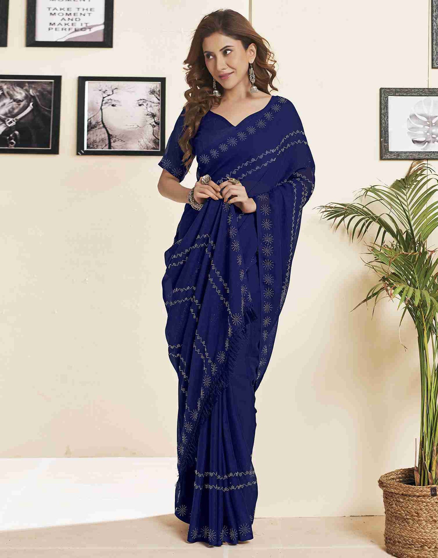 Dark Blue Georgette Plain Printed Saree