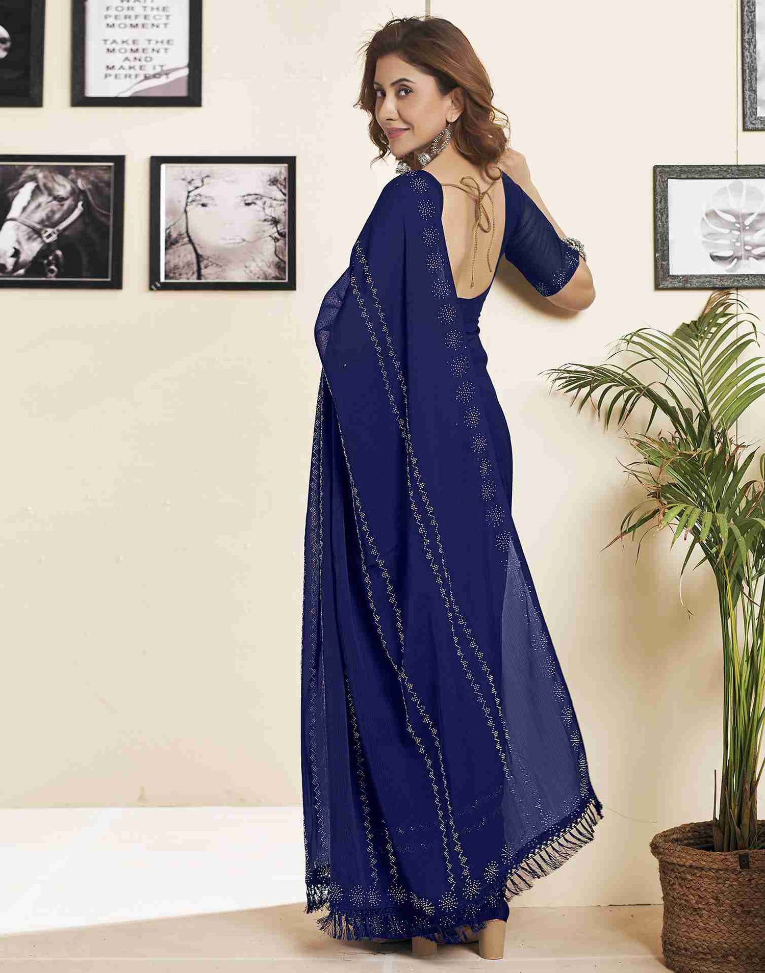 Dark Blue Georgette Plain Printed Saree