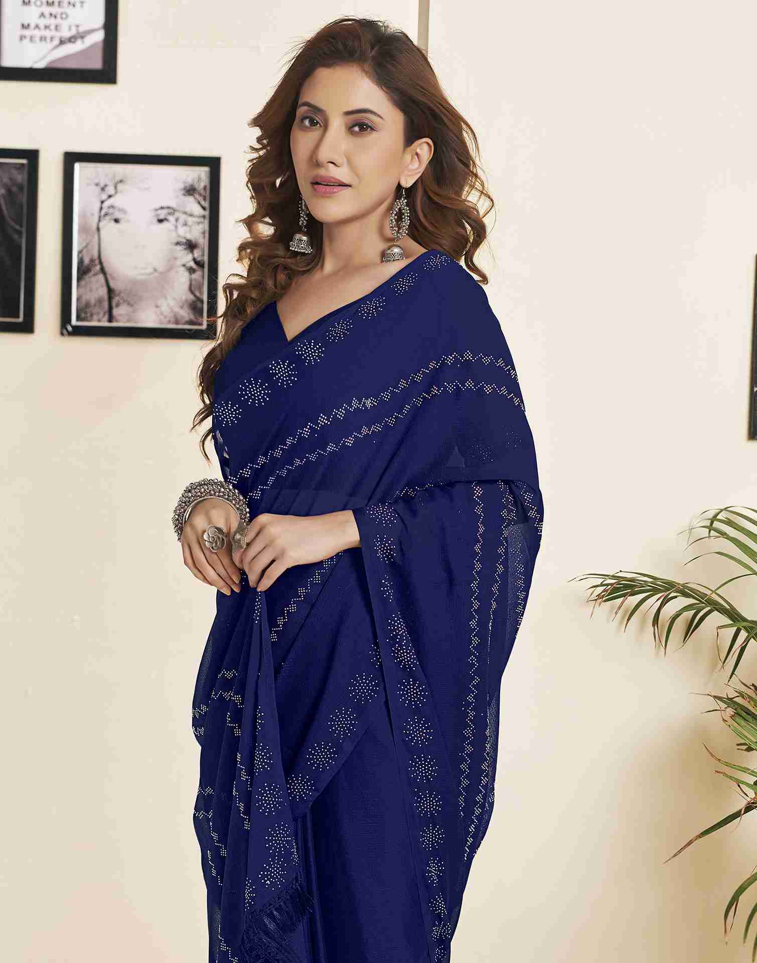 Dark Blue Georgette Plain Printed Saree