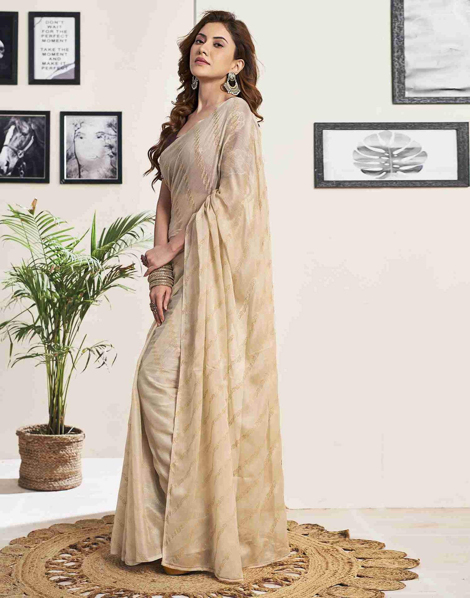 Beige Chiffon Plain Saree