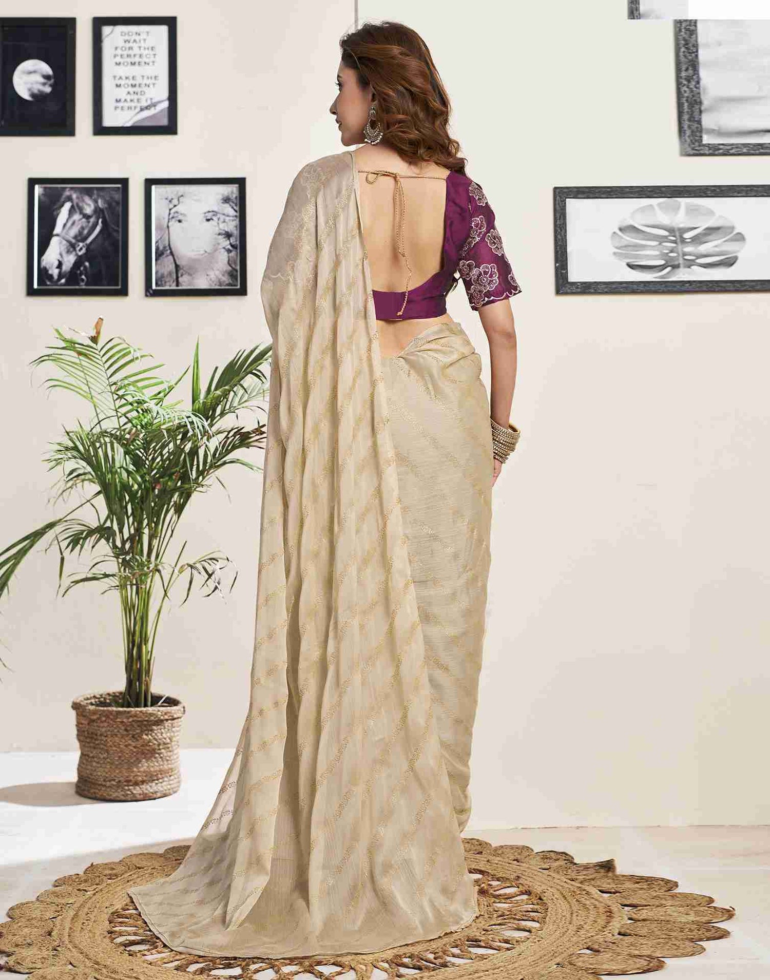 Beige Chiffon Plain Saree