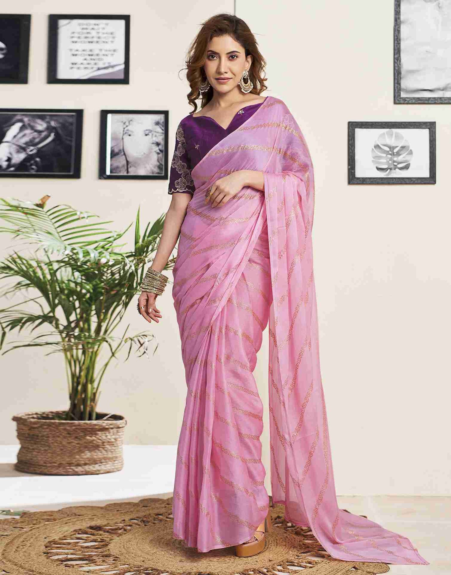 Light Pink Chiffon Plain Saree