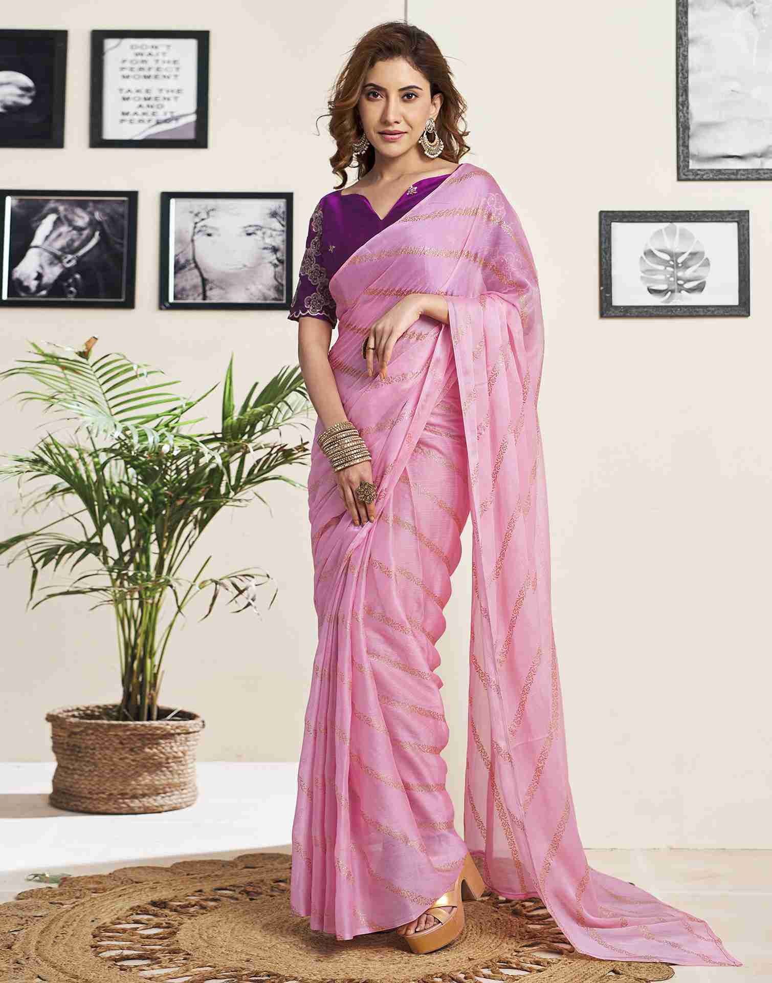 Light Pink Chiffon Plain Saree