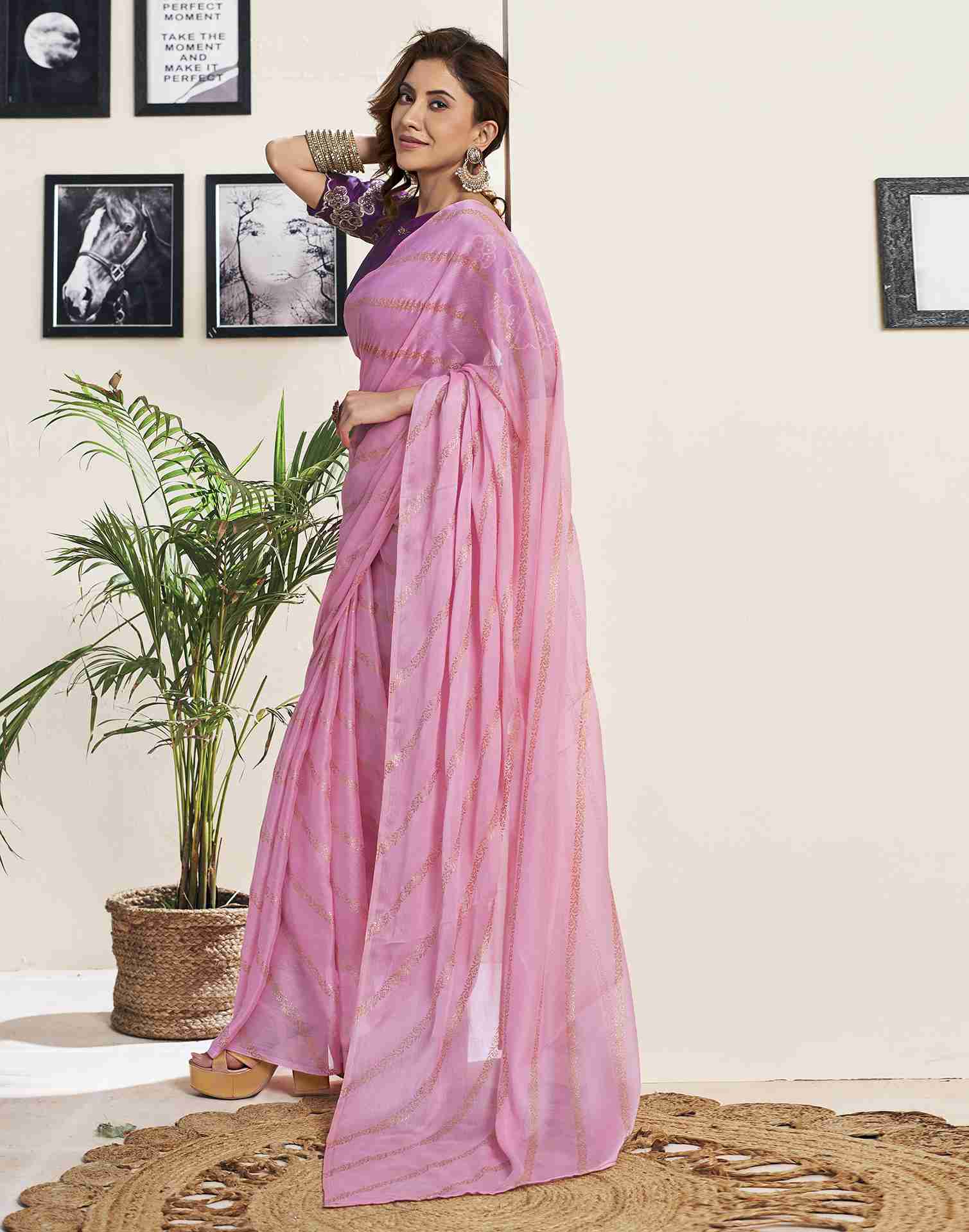 Light Pink Chiffon Plain Saree