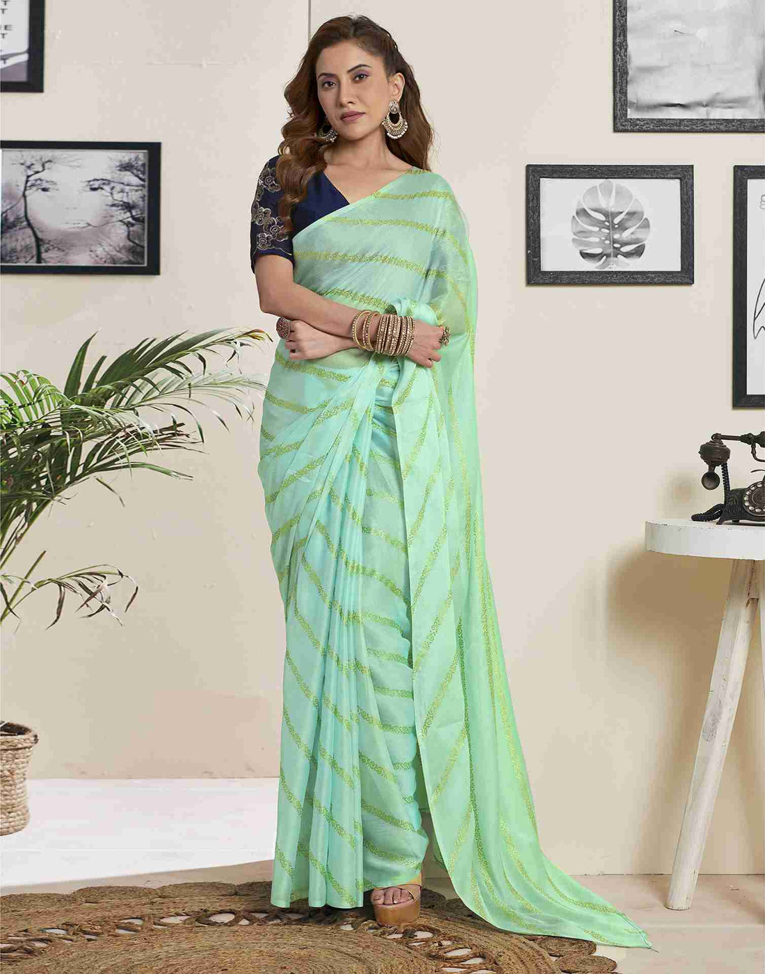 Mint Green Chiffon Plain Saree