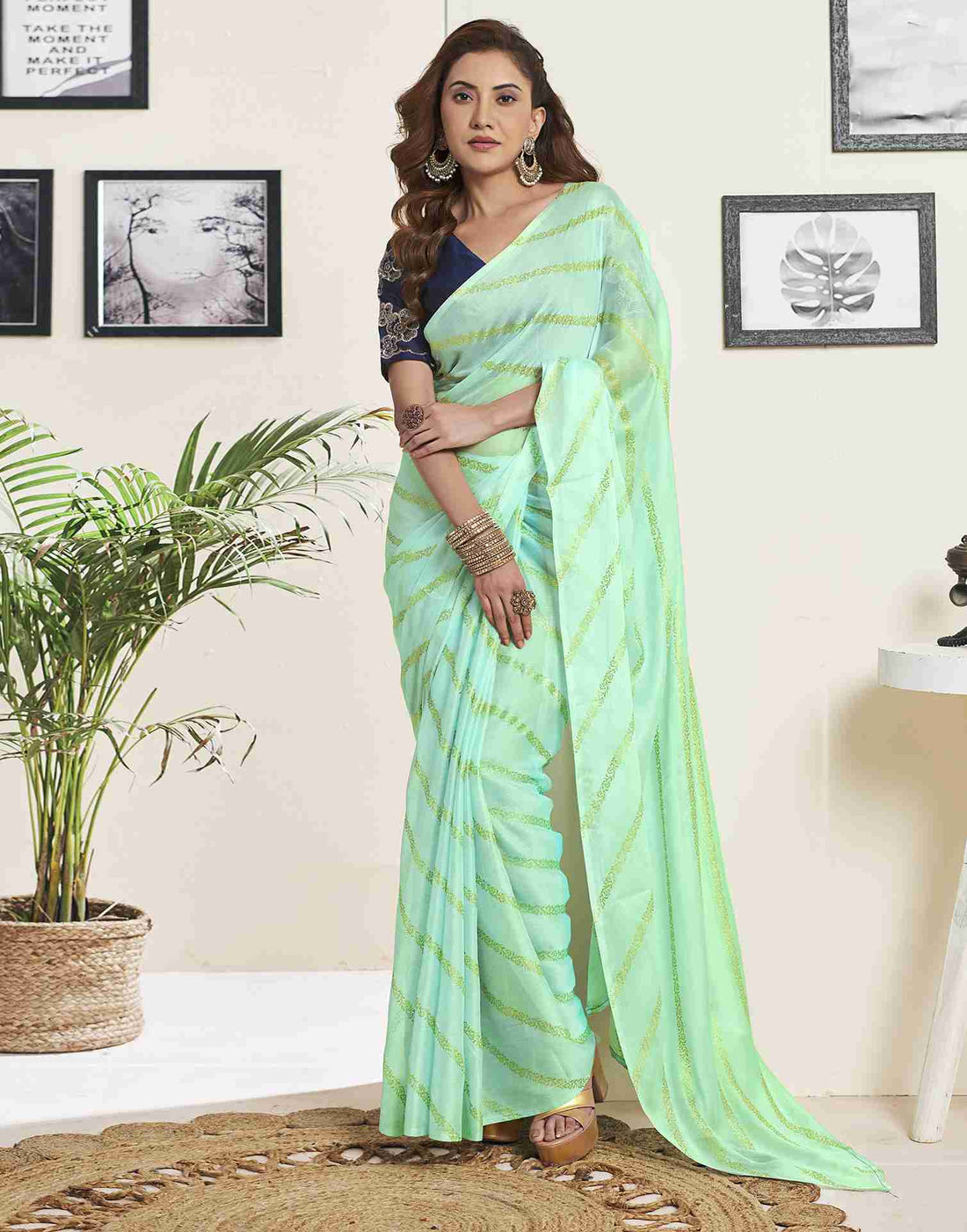 Mint Green Chiffon Plain Saree